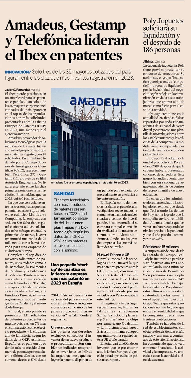 Amadeus, Telefonica y Gestamp lideran el Ibex en patentes